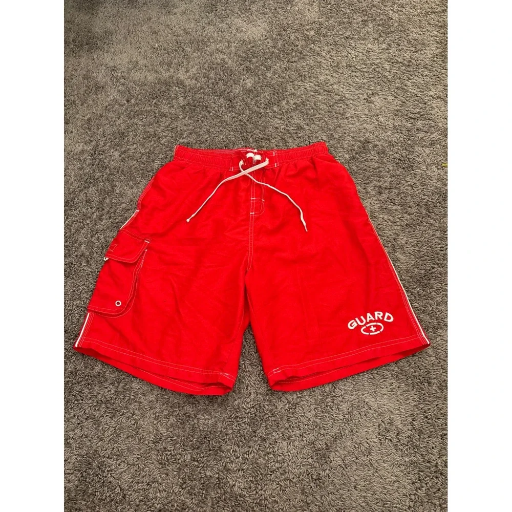 Doretex Mens Red Lifeguard Board Shorts Swim Trunks Guard Logo Cargo Pocket M